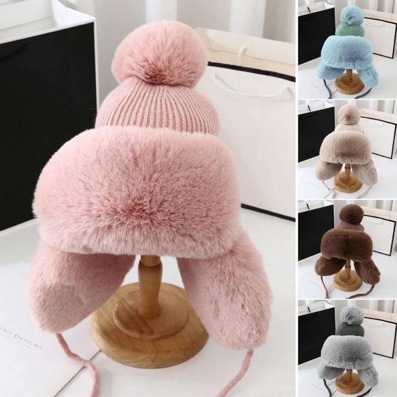 

Berets Bomber Hat Winter Windproof No Brim Earflap Cap Plush Lining Super Soft Knitted For Daily Wear, Black