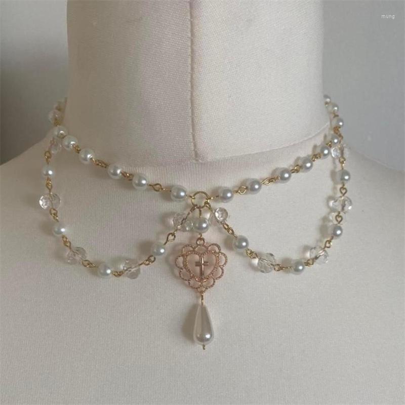 

Choker The Divine Heart Necklace Handmade Victorian Cross Beaded Chain Fairy Pearl Water Drop Crucifix Charm Rosary Style Jewelry