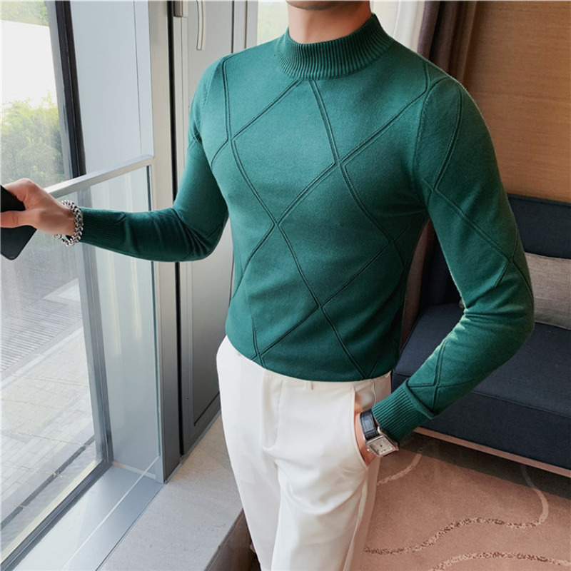 

Men's Sweaters Jacquard Woven Half High Neck Sweaters Men Autumn Winter Long Sleeve Warm Knitwear Pullovers Fashion Slim Fit Casual Tops Homme 221128, White