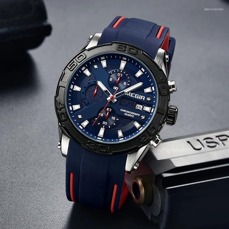 

Wristwatches MEGIR Fashion Men's Business Multifunctional Silicone Quartz Watches Luxury Sixpin Men Watch Casual Waterproof 2055G, Black