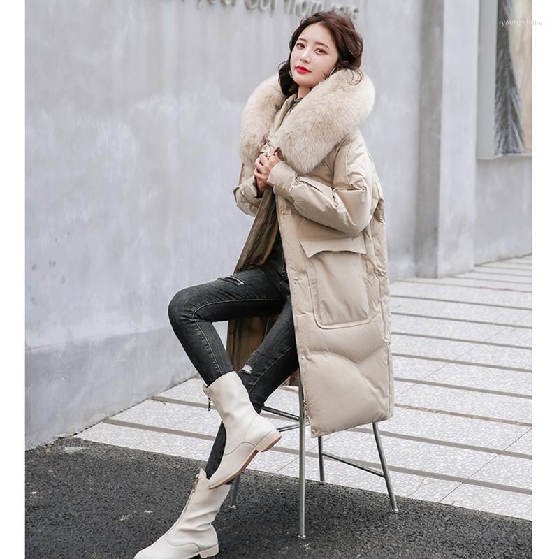 

Women's Down Women Khaki Long Jacket Hooded Coat Fashion Fur Collar Windproof Thicken Duck Warm Winter Cotton Clothes Outerwear Top, Black