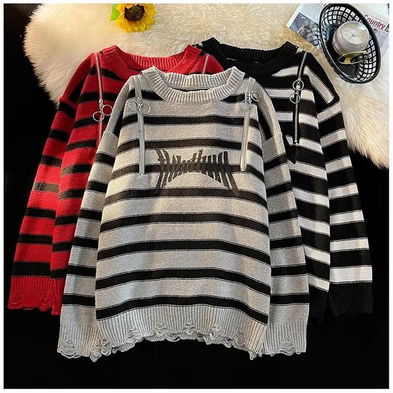 

Women's Sweaters Zipper Crew Neck Stripe Loose Knitted Sweater Women Spring Casual Color Contrast Long Sleeve Thin Knit Pullover Female, Black