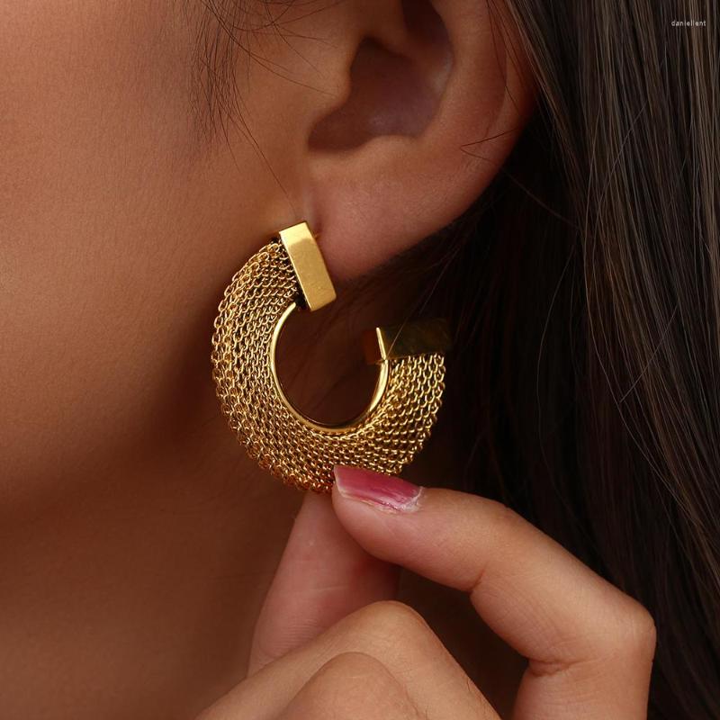 

Hoop Earrings Exaggerated Flat Mesh Statement Stainless Steel 18K Gold Plated Waterproof For Women Party Jewelry
