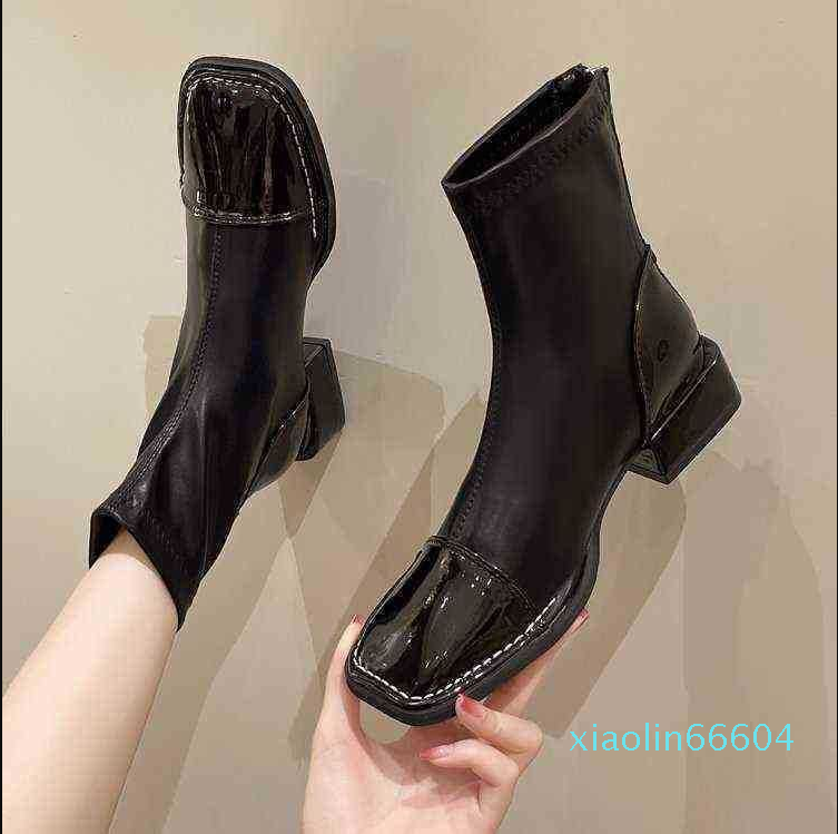 

Nxy Square Head Chelsea Short Boots Leather For Women New Autumn And Winter Elastic Back Zipper Thick Heel Thin Martin Woman Shoes, Black