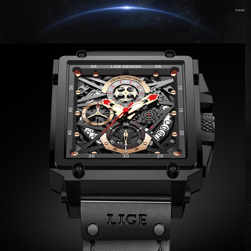 

Wristwatches 2022 LIGE Watch For Men Square Sport Quartz Leather Wristwatch Waterproof Mens Watches Stopwatch Relogio Masculino, Black