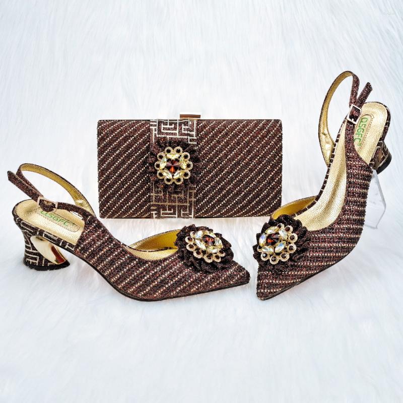 

Dress Shoes Latest Coffee Color Fashion Beautiful Rhinestone Flower Design Party Women's And Bag Set, Photo color