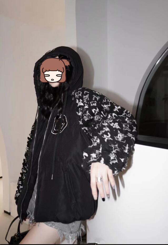 

Autumn and Winter 22 New Coat Print Hooded Splice Lamb Hair Down Cotton Suit Loose Fit Chest Hat Embroidery 1114, Customize