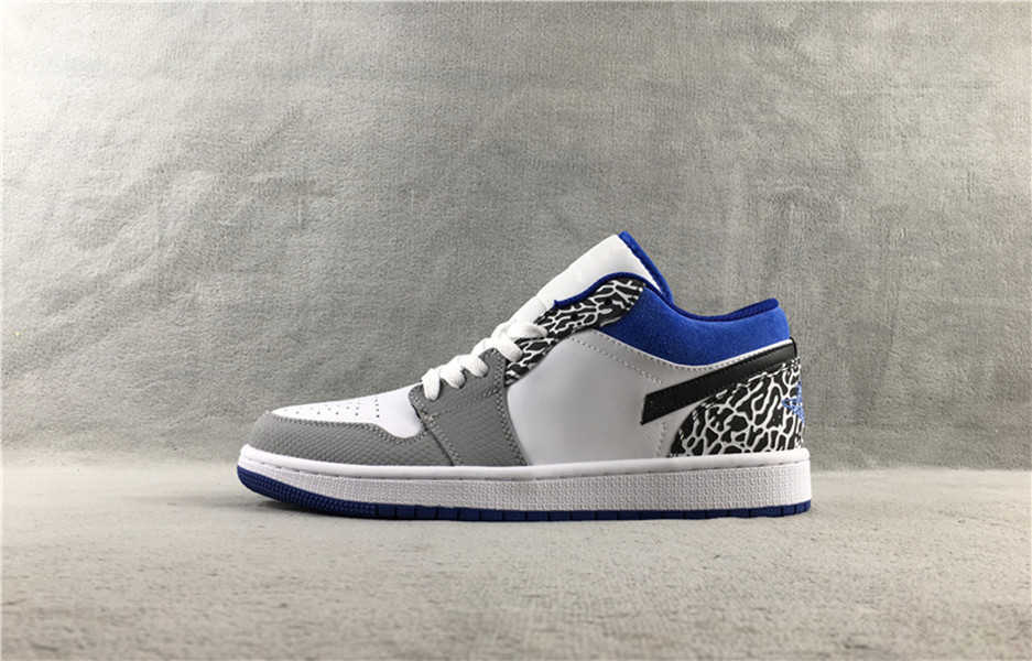 

Designer Shoes Basketball Wmns Leather Trainers Blue Colorway Royal Blue White-Black Grey Elephant Print Jumpman 1S Low Se Ture, All with logo