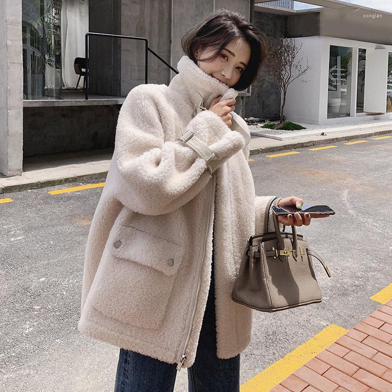 

Women's Fur Women Autumn Winter Lamb Sheepskin Coat Vintage Loose Sheep Shearing Coats Female Casual Warm Thick Outerwear, Blue 7396