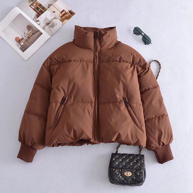 

Women's Down Women Brown Jacket Short Stand Collar Windproof Thicken Warm Coat Winter Fashion Zip Pocket Puffer Duck Outwear Tops, Beige