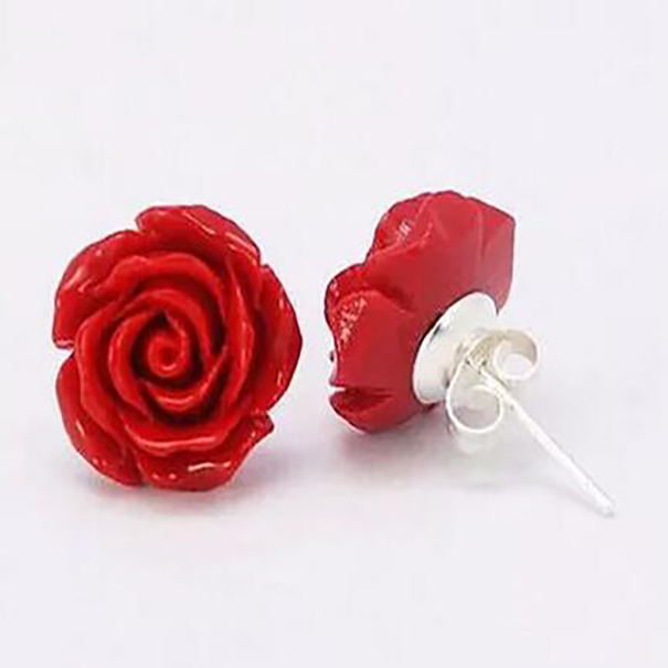 

Fashion Jewelry 10mm Coral Red Rose Flower 925 Sterling Silver Earrings