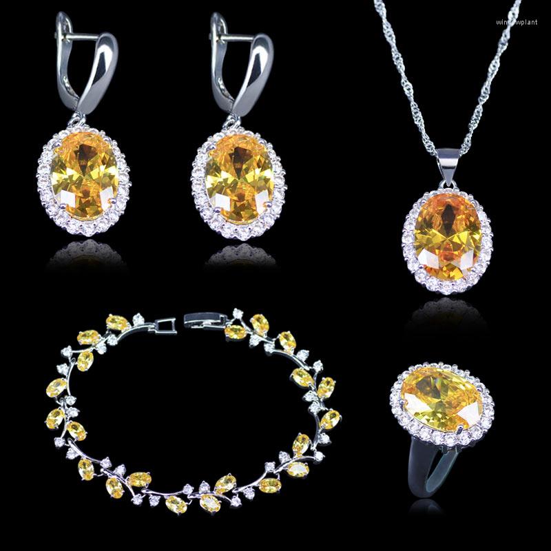 

Necklace Earrings Set Romantic Sparkling Yellow Cubic Zircon Pendant Bracelet Silver Color Shopping Festival, Picture shown