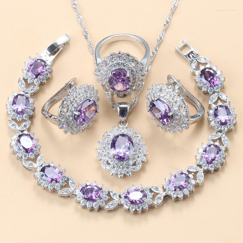 

Necklace Earrings Set 925 Mark Female Elegant Women Wedding Dress Natural Purple Crystal Charm Bracelet And Clip, Picture shown