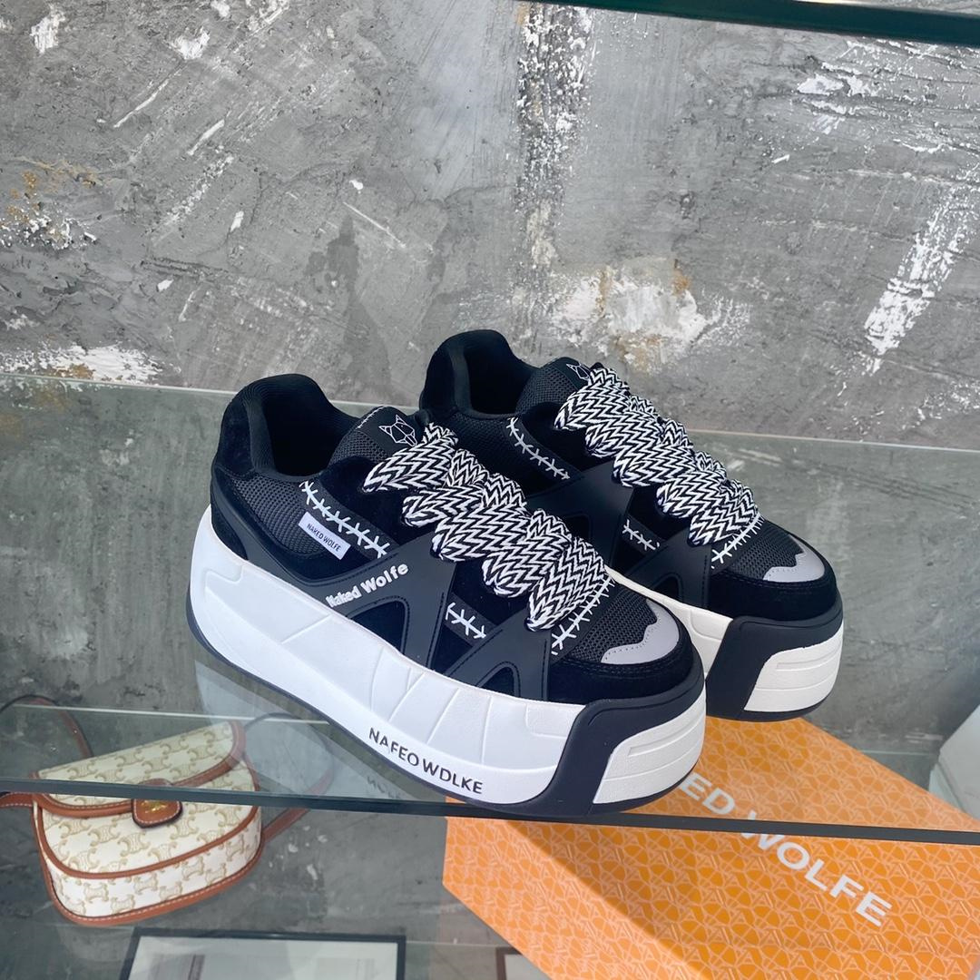 

Nakedwolfe Designer Luxury Shoes Men's Women's Reflective Sneakers Leather neakers Platform Travel Footwear Thick Mixed Fiber Casual Shoes