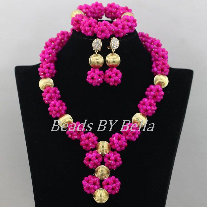 

Necklace Earrings Set Opaque Fuchsia Crystal Beads Balls Nigerian Wedding African Bridal ABF452, Picture shown