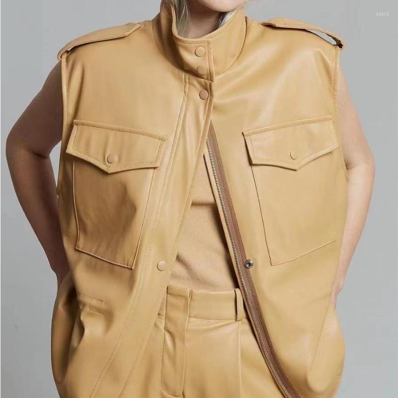 

Women' Fur Women Protein Leather Sleeveless Coat Simple Fashionable PU Jacket Vest, Champagne