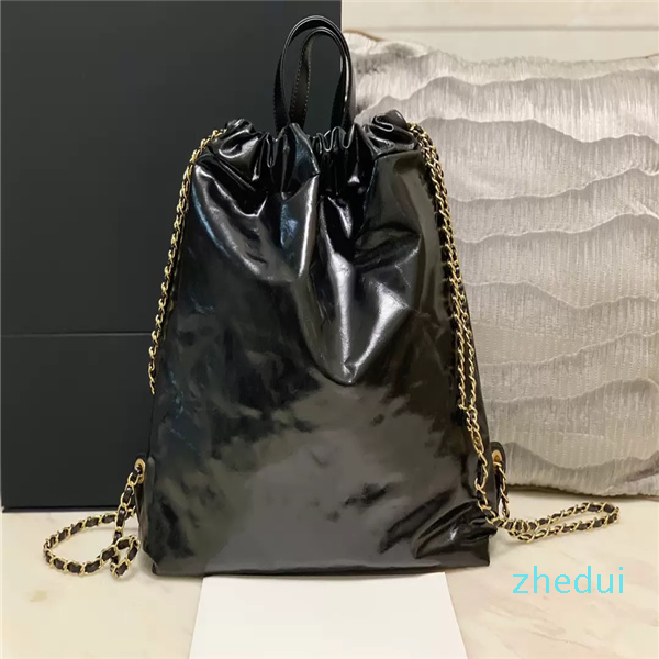 

Top Tier Designer 22 Backpacks Shiny Calfskin Quilted Chain Drawstring Purses Classic Chain Threaded Leather Double Strap Bags Womens Handbag Ladies, Black