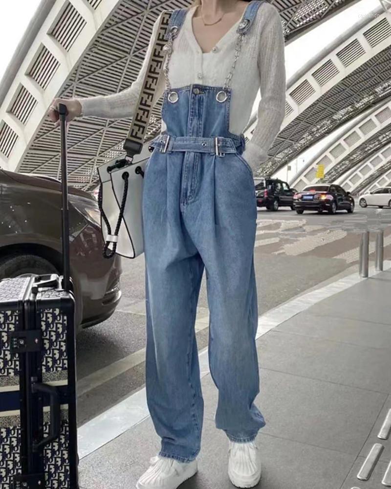 

Women' Jeans Women' Fashion Chain Overalls Denim Jumpsuits For Women Y2K Fall Straight Blue Loose High Waist Rompers Korea Waisted