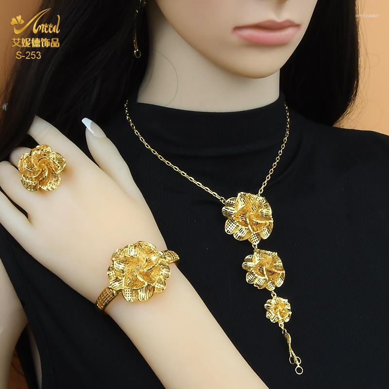 

Necklace Earrings Set Nigerian African Luxury Wedding Bridal Dubai Gold Color Flowers Pendant Chain Woman Jewellery, Picture shown