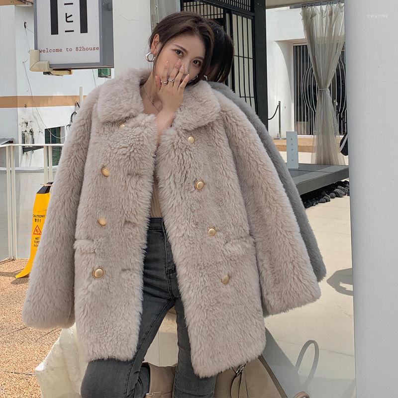 

Women' Fur Women Winter Warm Faux Coat Thick Turn Down Collar Imitation Lamb Fashion Chic Long Outwear N281, Nai cha