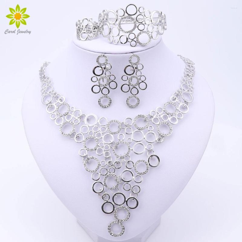 

Necklace Earrings Set Fashion African Costume Crystal Dubai Silver Plated Elegant Rounded Design For Women Gift, Picture shown