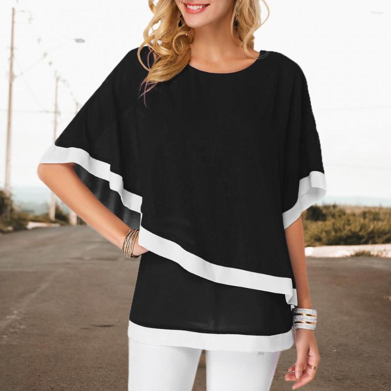 

Women' Blouses Casual Women Top O-Neck Batwing Sleeve Temperament Summer Blouse Irregular Double Layer Patchwork Chiffon Shirt Female, Black