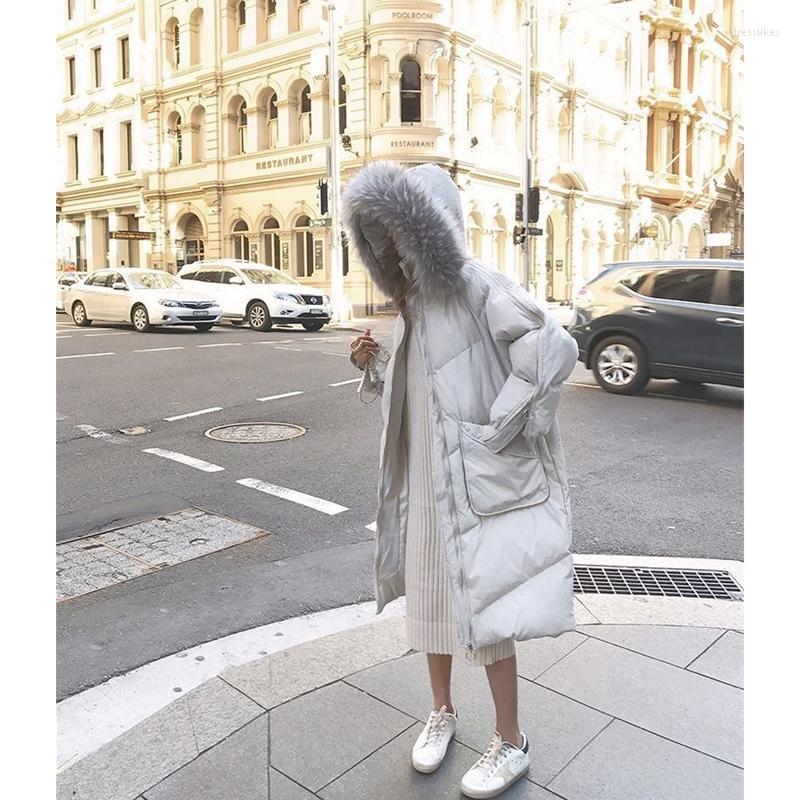 

Women's Down Women White Long Jacket Fur Collar Hooded Fashion Duck Waterproof Thicken Warm Feather Female Puffer Winter Outwear, Black