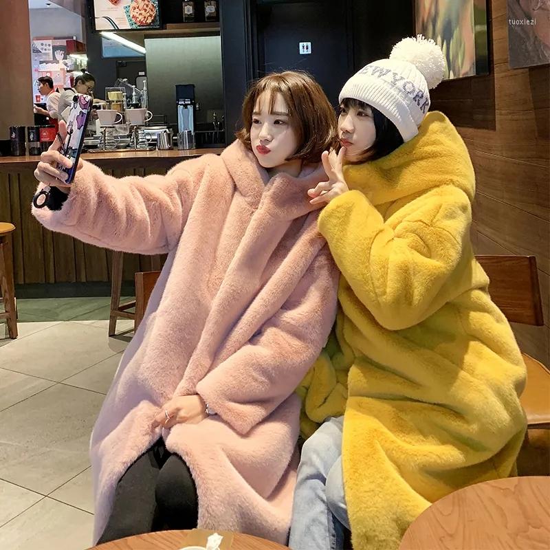

Women's Fur Winter Thicken Warm Long Fake Jacket Women Korean Loose Casual Hooded Faux Coat Fashion Young Clothing Female Outerwear, Beige