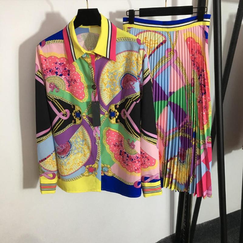 

Work Dresses 2022 Design Brand Vintage Fan Chain Printed Shirt High Waist Pleated Skirt Sexy Suit Jackets For Two Piece Sets Womens Outifits, Pink