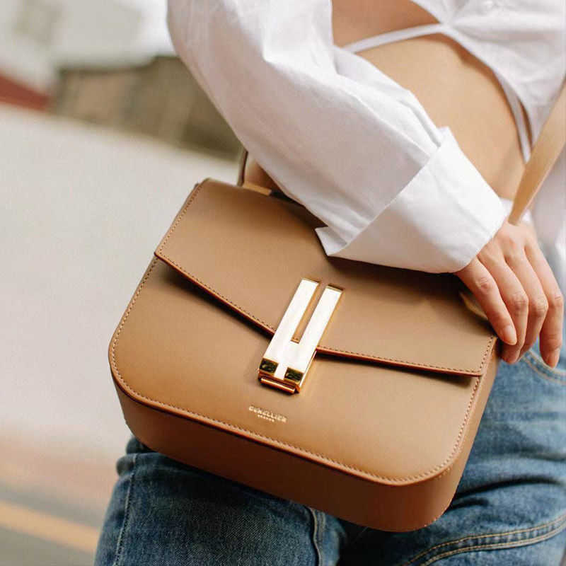 

Designer Demelliers bag British niche Demellier Tofu Bag Women's 2022 new fashion leather one shoulder cross small, Deep toffee smooth