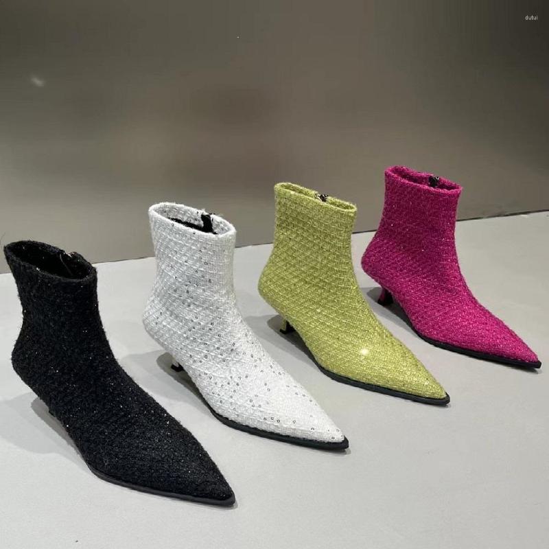 

Boots Short For Women 2023 Autumn Rubber Pointed Toe Fashion Bling Ladies Modern Ankle Female Shoes Weave Pumps Heels, Black