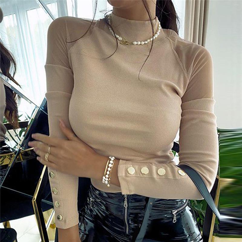 

Women' Blouses Women Shirts Turtle Neck See Through Mesh Patchwork Long Sleeve Buttons Pullover Ladies Turtleneck Tops Spring Autumn 3, White