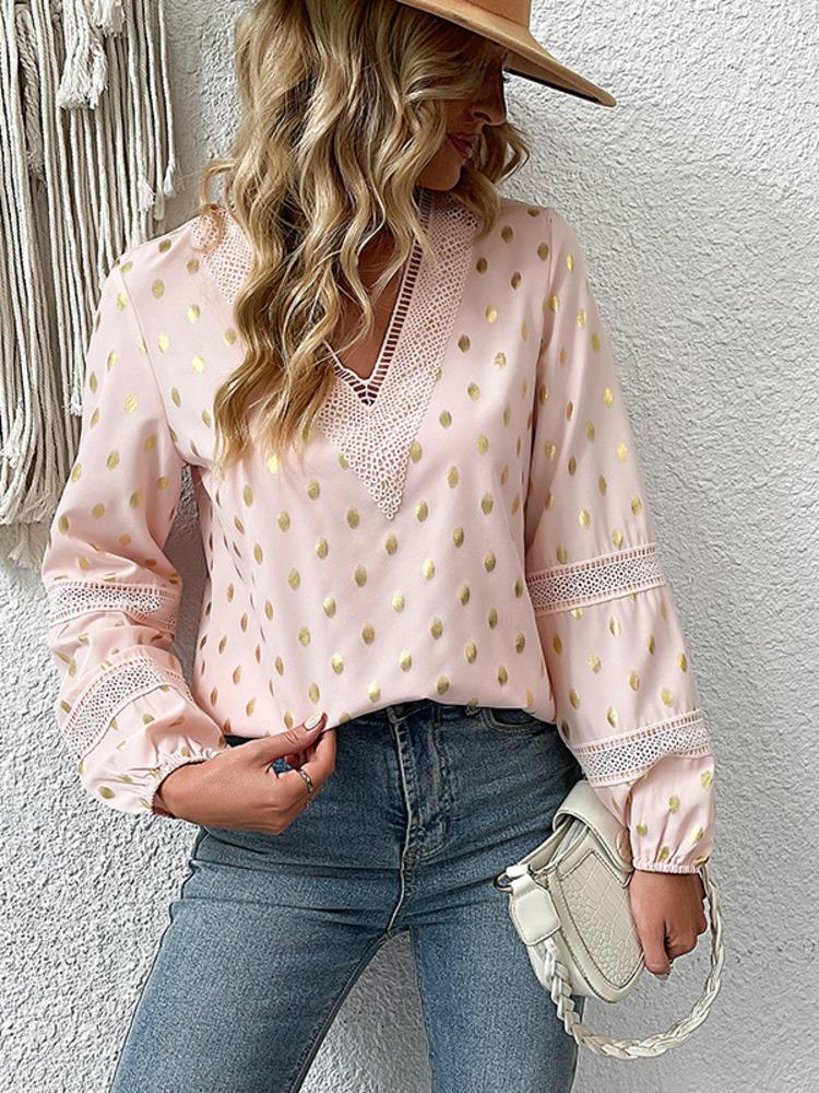 

Women' T Shirts DGIRL Women Top T-shirt Blouse 2022 Autumn Bronzed Point Cut-out Lace Long Sleeve V-neck Stitched Shirt, Pink