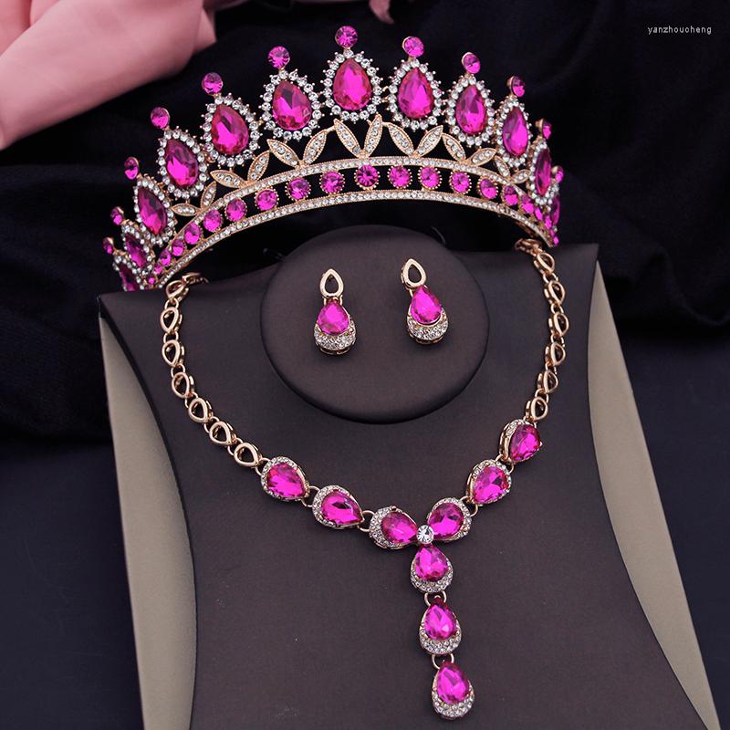 

Necklace Earrings Set Rose Red Crystal Crown Bridal For Women Tiaras Choker Sets Party Wedding Jewelry Accessories, Picture shown