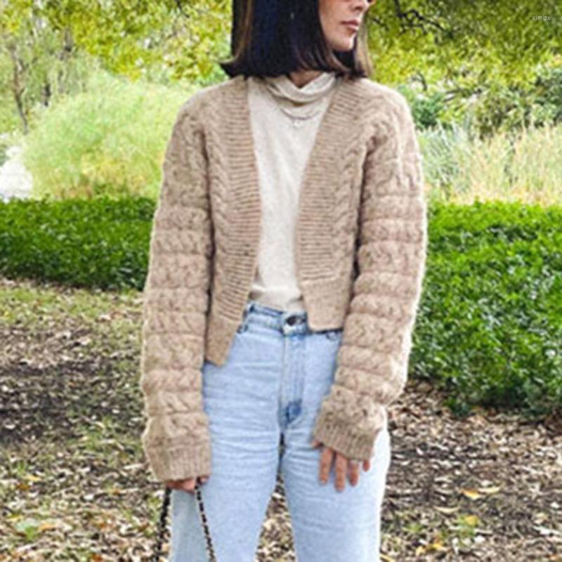 

Women' Knits Women Sweater Cardigan Long Sleeve Short Type Solid Color Twist Coarse Yarn Knitted Coat Outerwear, Khaki