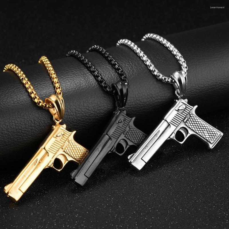 

Pendant Necklaces Cool Pistol Gun Shape For Men Necklace Black Gold Color Stainless Steel Punk Male Jewelry 24" Box Chain Hip Hop