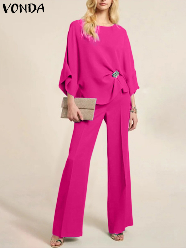 

Women s Two Piece Pants Women Suits VONDA Sexy Sets Femme 3 4 Sleeve Party Blouse Wide Leg Casual Elastic Waist Feminina 221125, Yellow