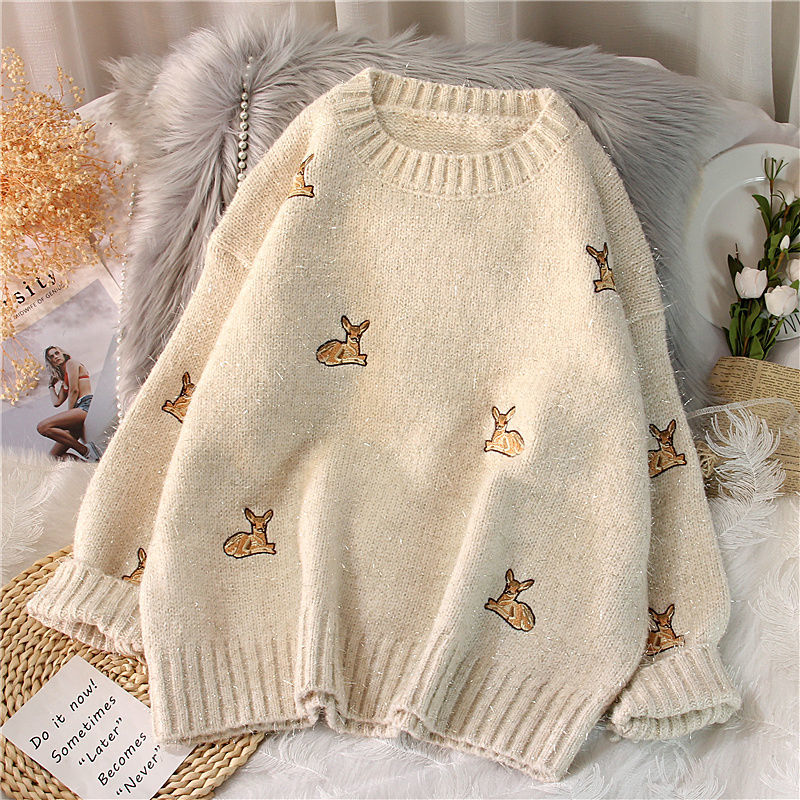 

QNPQYX Women's Kawaii Sweater Ulzzang Vintage College Deer Embroidery Sweater Female Korean Thick Cute Loose Harajuku Clothing, Gray
