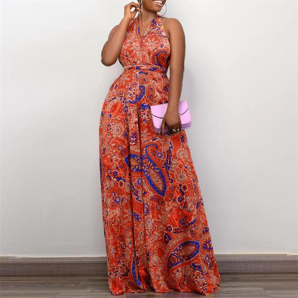 

Women's fashion halter print one-piece pants Beach style Sexy nightclub party dress C8487, Pink