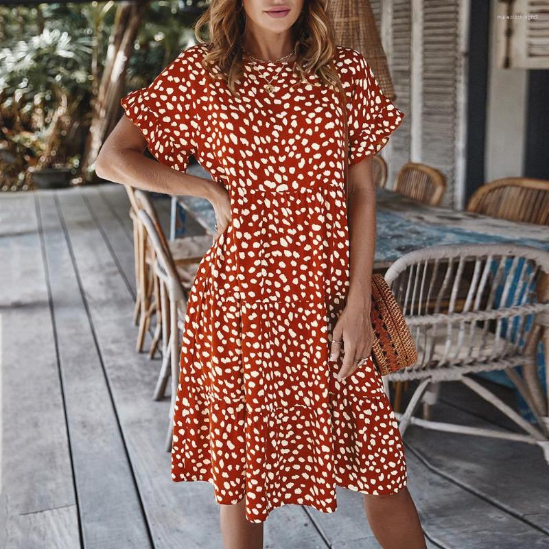 

Hoodies Summer 2022 Sleeve Polka Dot Beach Chiffon Boho Mini Party Elegant O-neck Sundress, C577-2