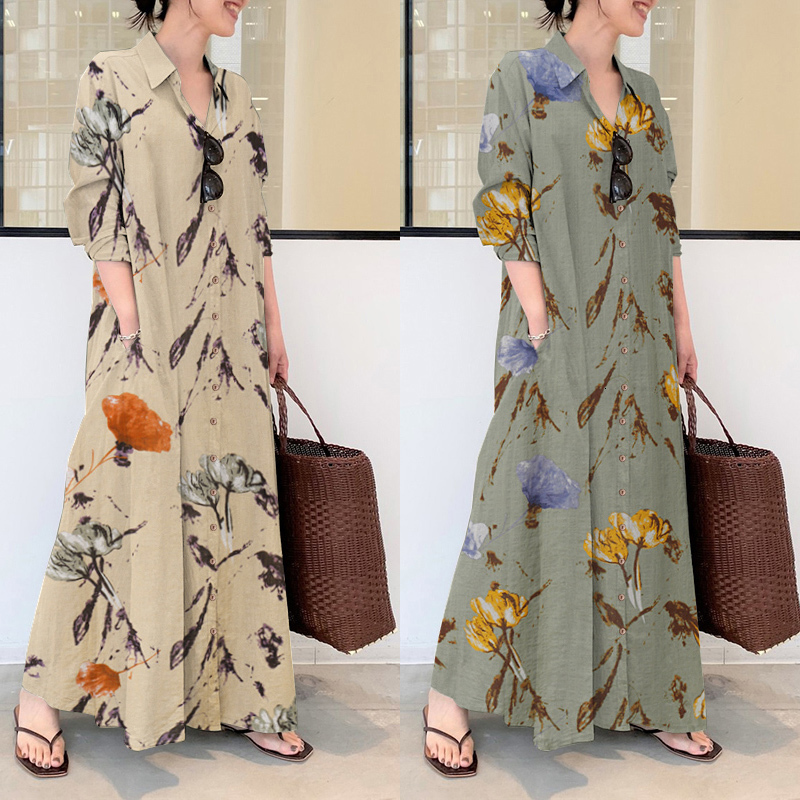 

Casual Dresses Elegant Printed Shirt Dress Women s Autumn Sundress ZANZEA Long Sleeve Maxi Vestido Female Lapel Button Robe 221125, A claret
