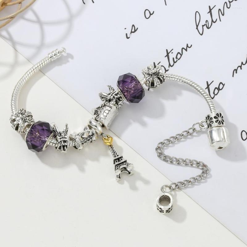 

Charm Bracelets Romantic Eiffel Tower Ladies Bracelet With Temperament Purple Faceted Face And Angel Wing Beads Fashion Jewelry