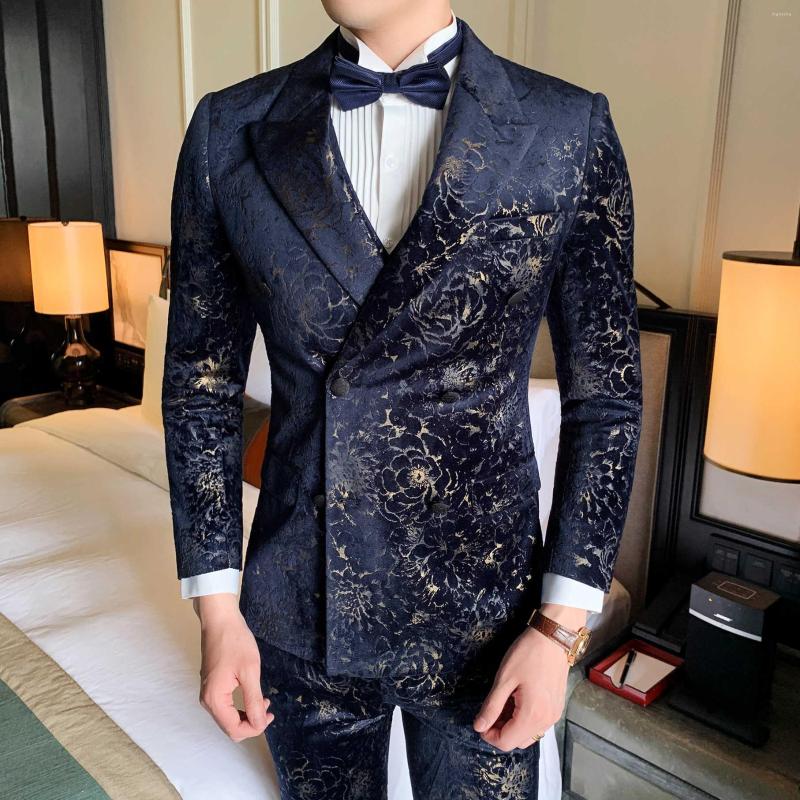

Men's Suits Wedding Business Social Smoking Mariage Homme Stylish Prom Jackets Club Gentleman Mas Suit Printing Velvet Dinner Full Dress Men, 3-piece set