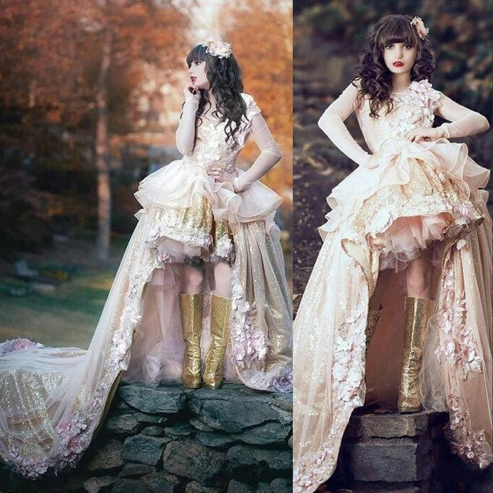 

2023 Bling Girls Pageant Dresses Gold Sequined Lace Long Sleeves Crystal Beaded With Pink Flowers Flower Girl Dresses Kids Wear Birthday Communion Dress Hi Lo Length, Royal blue