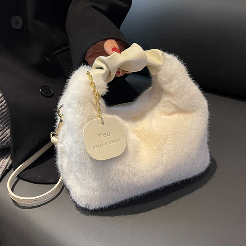 

Totes New Luxury Furry Plush Women's Plicated Top Handle Crossbody Handbag Totes Wristlet Shoulder Bags Woman Purse Messenger Hobo Bag Y2211, Dark coffee