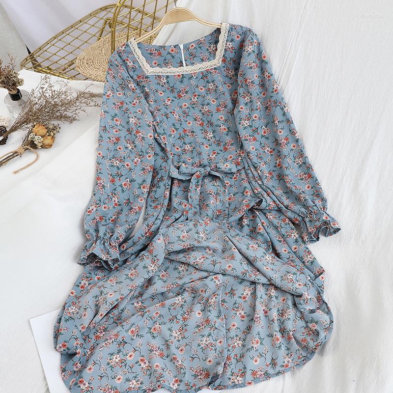 

Casual Dresses 2022 Fashion Square Collar Chiffon Dress Women's Spring Korean Version Temperament Waist, Blue