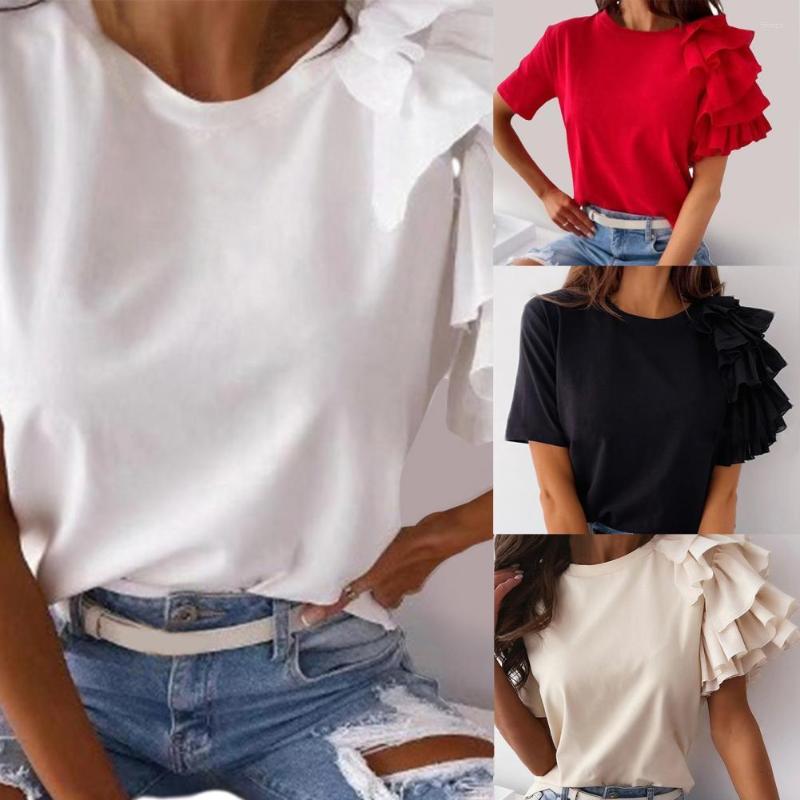 

Women's Blouses Women T-shirt O-neck Stretchy Female Top Layered Ruffle Short Sleeve Blouse Loose Tee Pullover Ladies Clothing For Office, Red