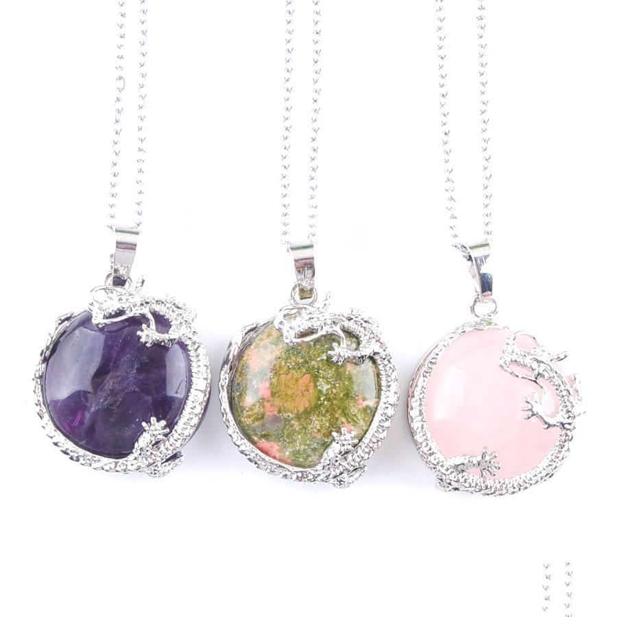 

Pendant Necklaces Dragon Around Flat Round Bead Dangle Pendants Energy Jewelry Sier Necklaces Natural Stone Amethyst Opal Quartz Bn3 Dh1P7
