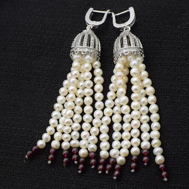 

one pair freshwater pearl white near round red garnet drop hook earrings