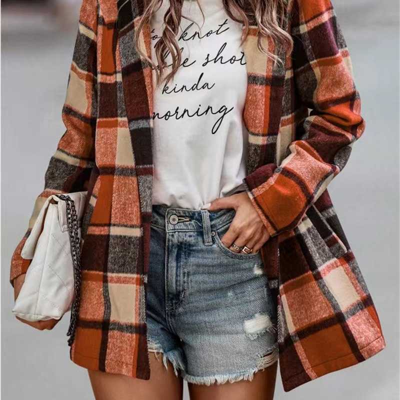 

Winter Clothing Women Jackets Fashion Plaid Woolen Jacket Cardigans Loose Print Long Sleeve Pocket Coat Cardigan Tops Ladies, Orange